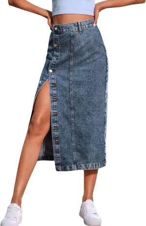 OBEEII Women's Denim Skirts Midi Length High Waist Button Split Hem Long Bodycon Pencil Skirt