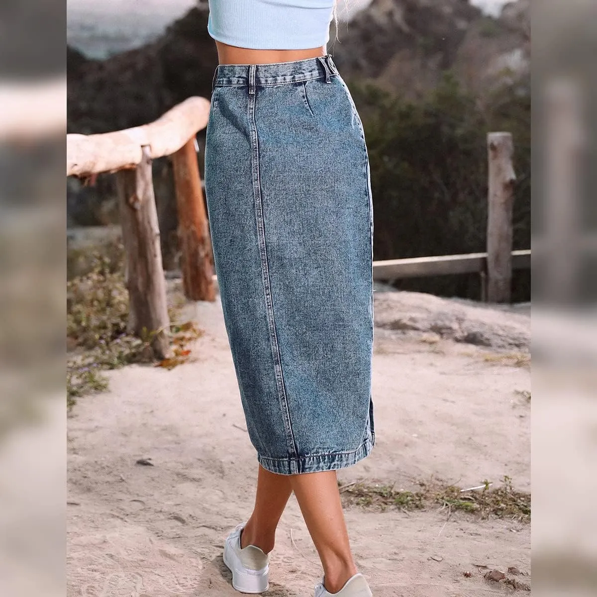 OBEEII Women's Denim Skirts Midi Length High Waist Button Split Hem Long Bodycon Pencil Skirt