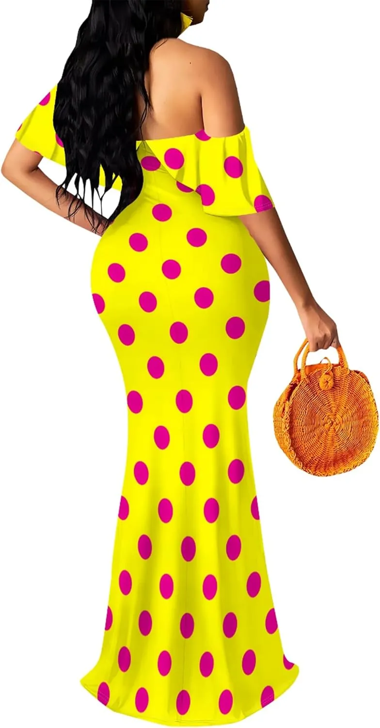 Off-The-Shoulder Women's Printed Maxi Dress, Sexy Elegant, Bodycon Maxi Dress, Party Evening Dress, Maxi Dress