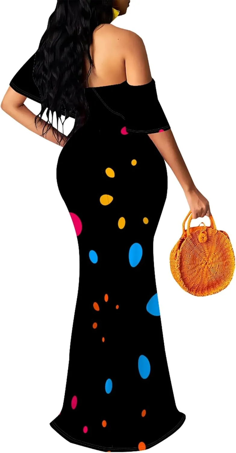 Off-The-Shoulder Women's Printed Maxi Dress, Sexy Elegant, Bodycon Maxi Dress, Party Evening Dress, Maxi Dress