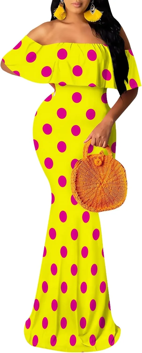 Off-The-Shoulder Women's Printed Maxi Dress, Sexy Elegant, Bodycon Maxi Dress, Party Evening Dress, Maxi Dress