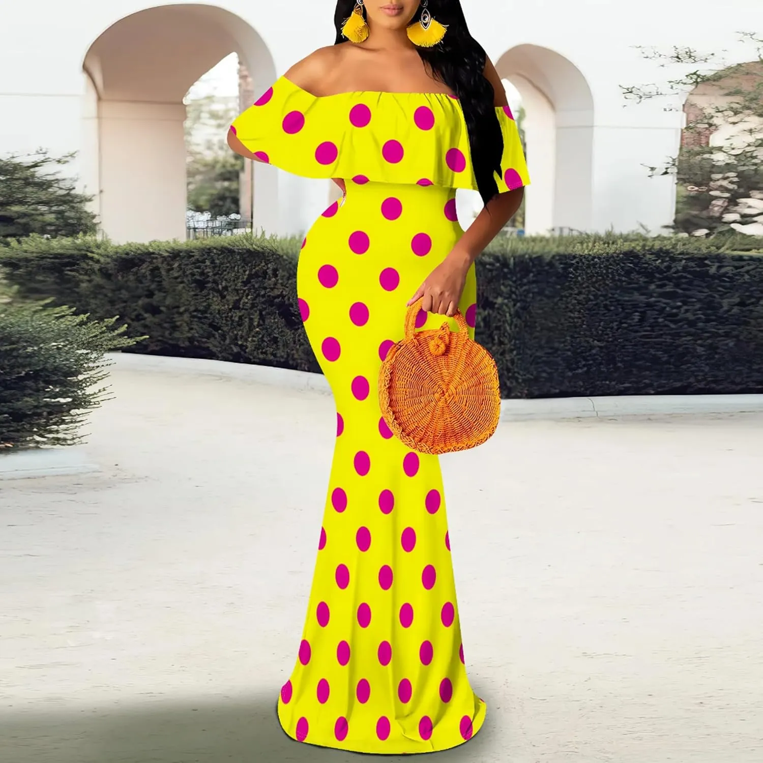 Off-The-Shoulder Women's Printed Maxi Dress, Sexy Elegant, Bodycon Maxi Dress, Party Evening Dress, Maxi Dress