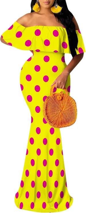 Off-The-Shoulder Women's Printed Maxi Dress, Sexy Elegant, Bodycon Maxi Dress, Party Evening Dress, Maxi Dress