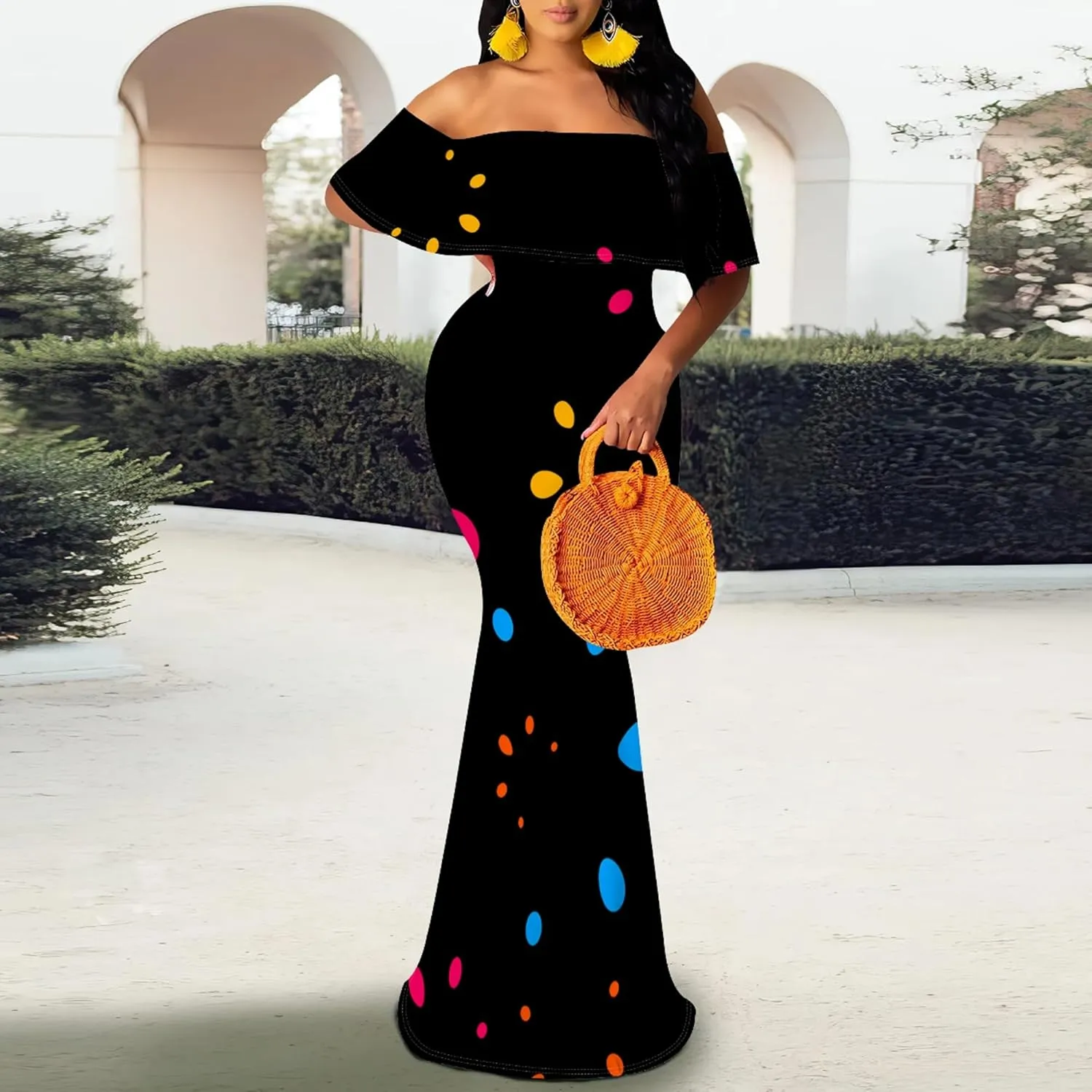 Off-The-Shoulder Women's Printed Maxi Dress, Sexy Elegant, Bodycon Maxi Dress, Party Evening Dress, Maxi Dress