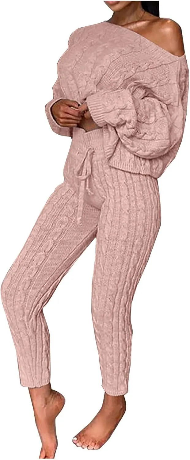 Oplxuo Off Shoulder Sweater Sets for Women Two Piece Outfits Cable Knit Pullover Tops and Bodycon Pants Lounge Matching Set