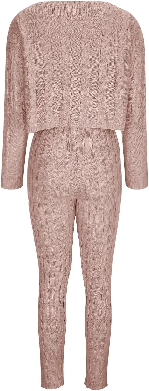 Oplxuo Off Shoulder Sweater Sets for Women Two Piece Outfits Cable Knit Pullover Tops and Bodycon Pants Lounge Matching Set