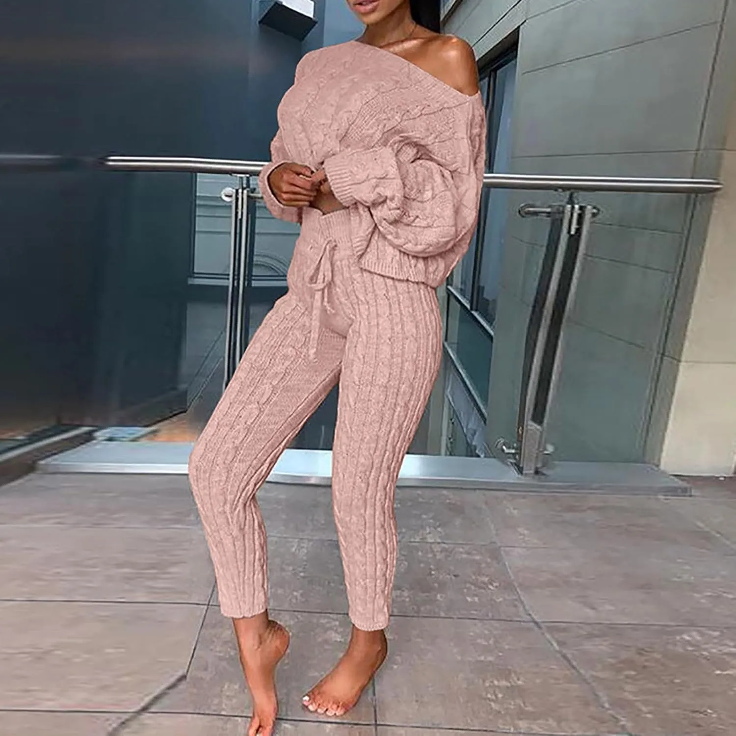 Oplxuo Off Shoulder Sweater Sets for Women Two Piece Outfits Cable Knit Pullover Tops and Bodycon Pants Lounge Matching Set
