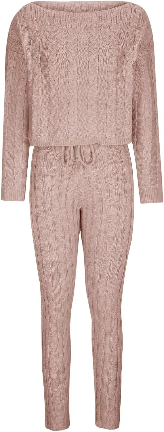 Oplxuo Off Shoulder Sweater Sets for Women Two Piece Outfits Cable Knit Pullover Tops and Bodycon Pants Lounge Matching Set