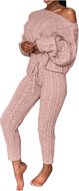 Oplxuo Off Shoulder Sweater Sets for Women Two Piece Outfits Cable Knit Pullover Tops and Bodycon Pants Lounge Matching Set