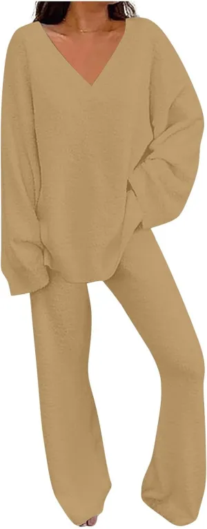 Outfits for Women 2 Piece Sets Lounge Sets Long Pants and V Neck Loose Pullover Soft Matching Loungewear Tracksuits