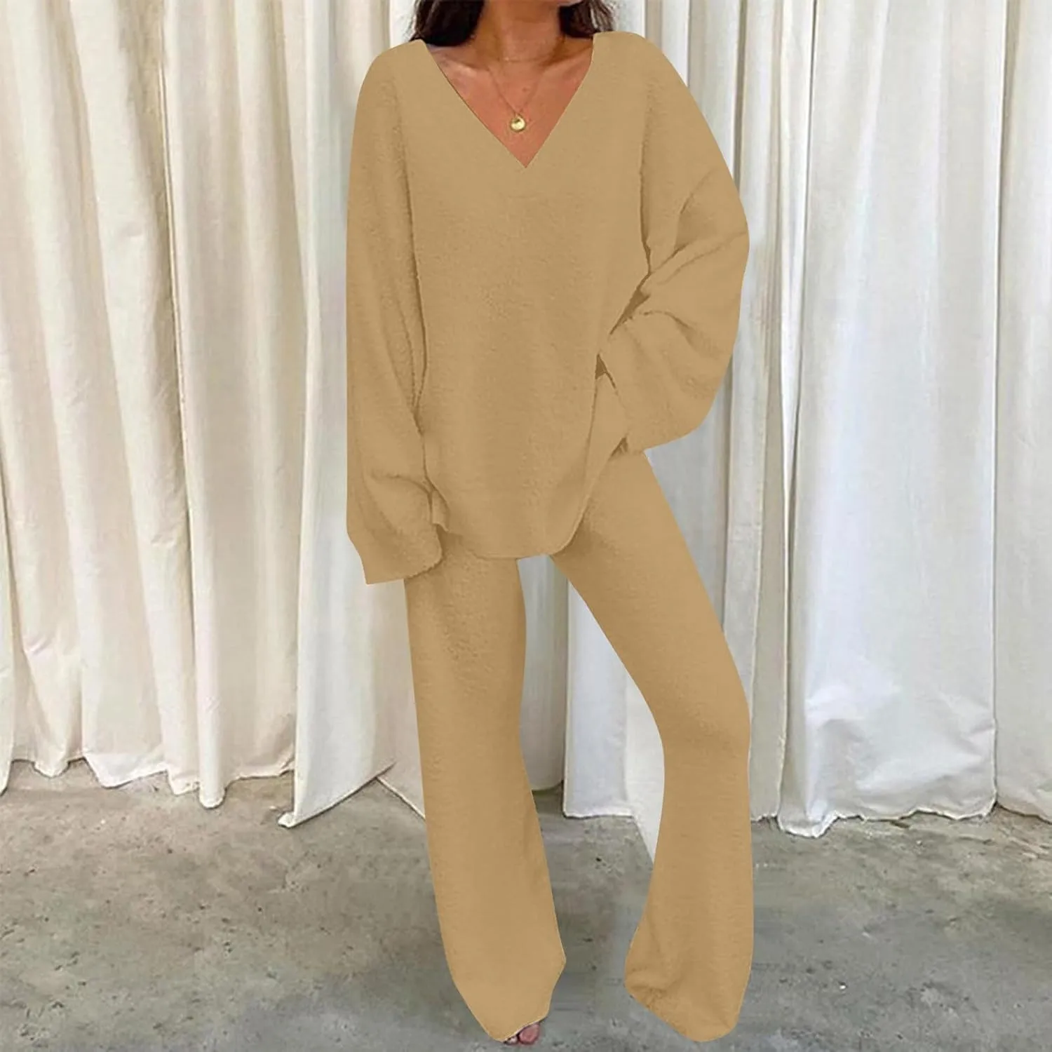Outfits for Women 2 Piece Sets Lounge Sets Long Pants and V Neck Loose Pullover Soft Matching Loungewear Tracksuits