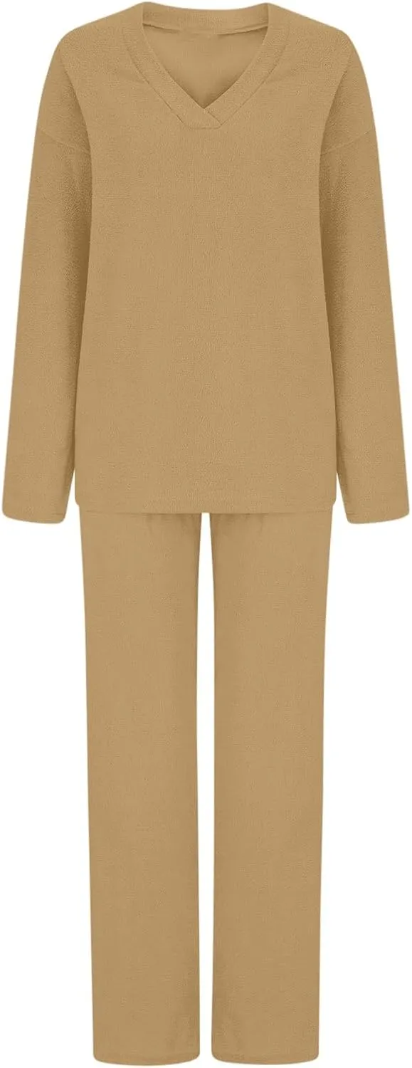 Outfits for Women 2 Piece Sets Lounge Sets Long Pants and V Neck Loose Pullover Soft Matching Loungewear Tracksuits
