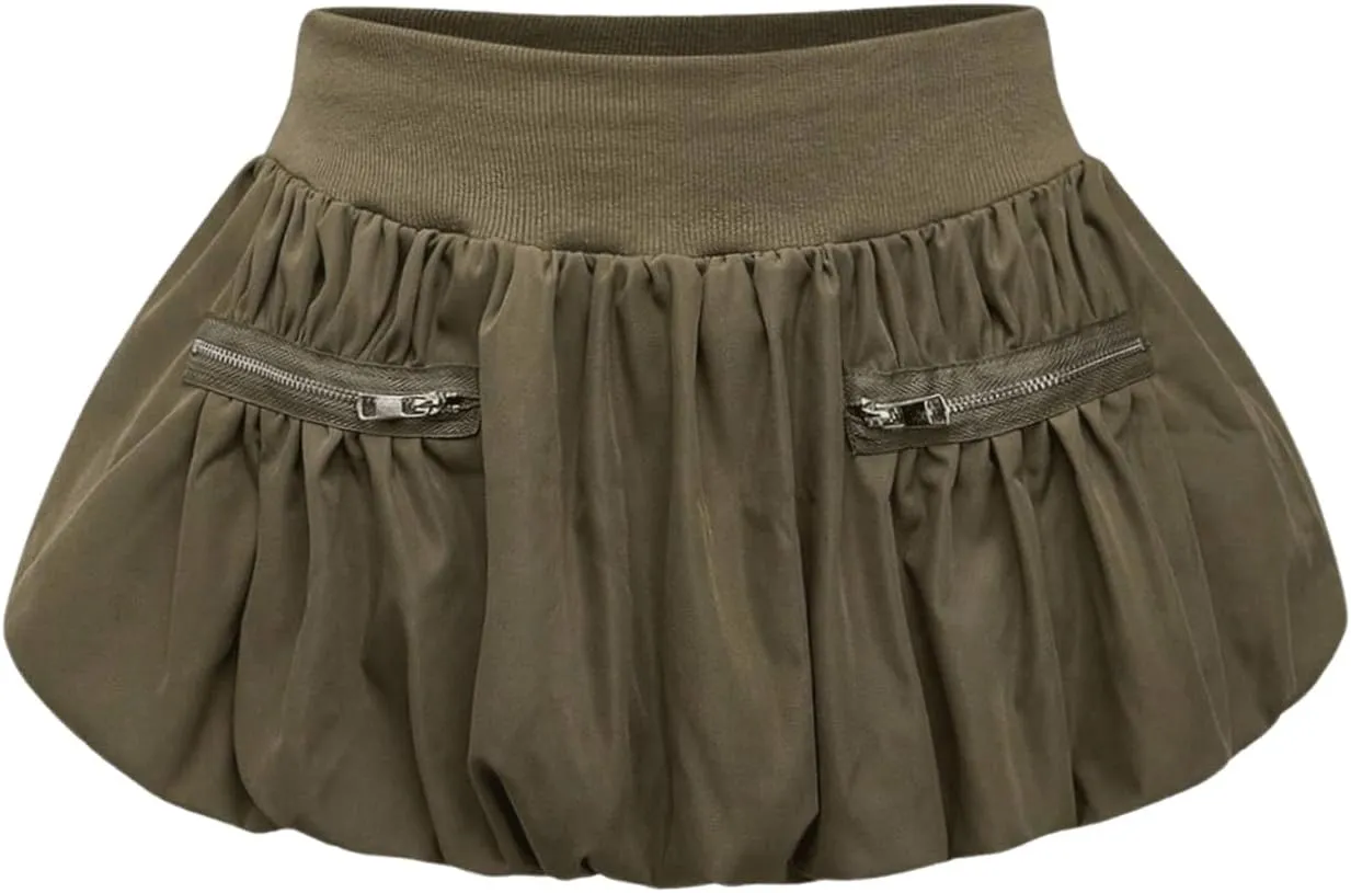 OYOANGLE Women's Pleated Bubble Mini Skirts Y2k High Waist Puffy A-Line Short Skirts