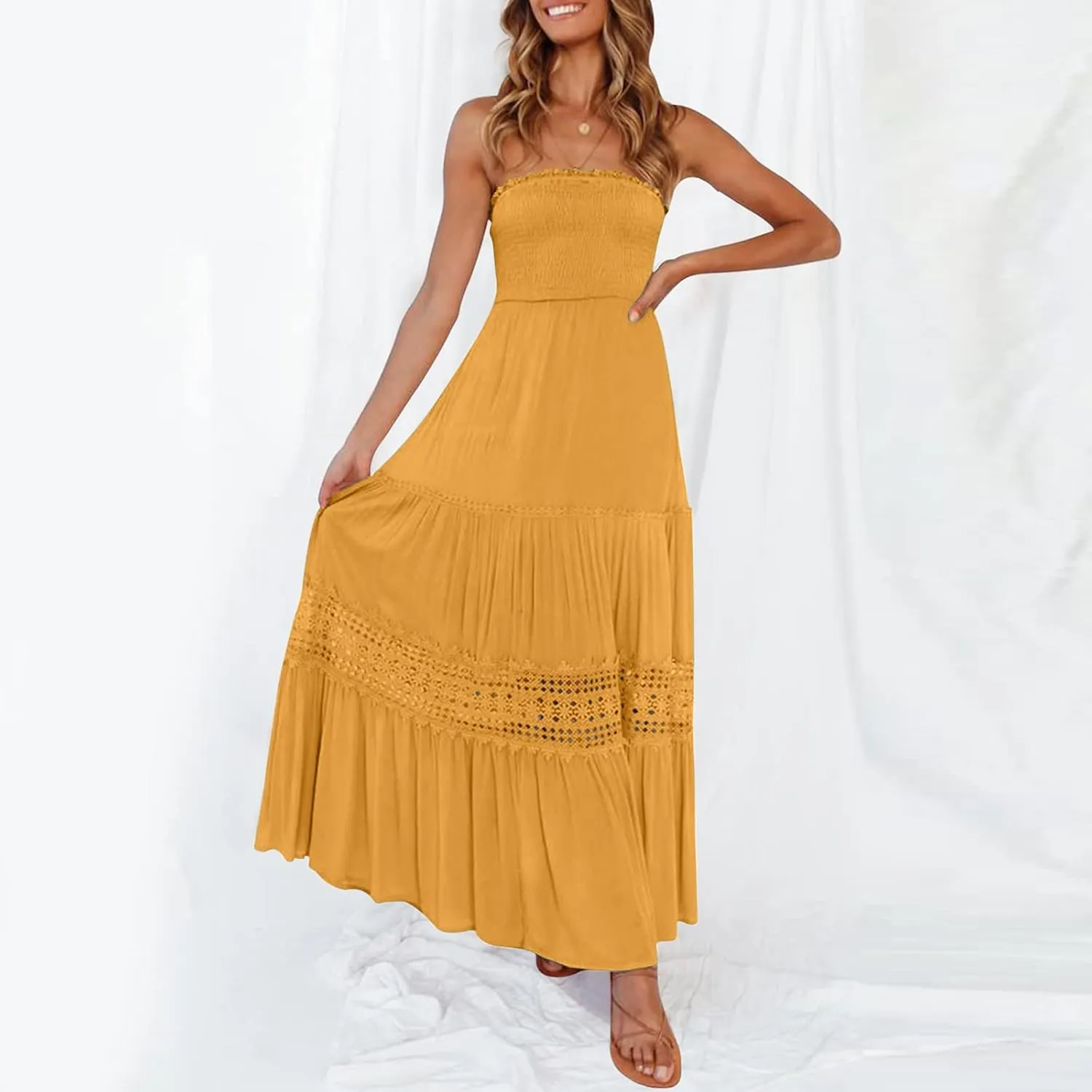 Party Dresses for Women Eyelet Strapless Lace Tiered Ruffle Smocked Ruched Dresses Evening Party Beach Vacation Clothes