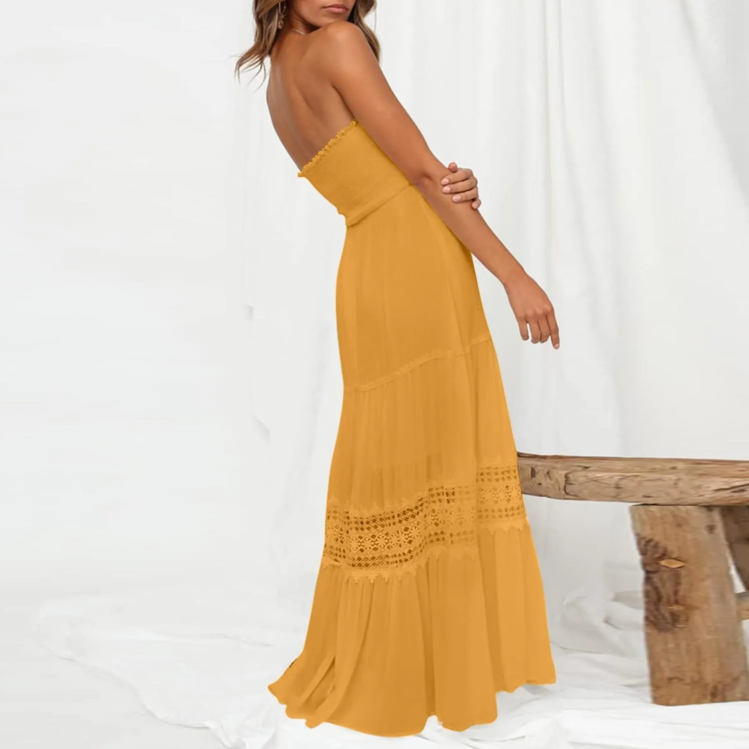 Party Dresses for Women Eyelet Strapless Lace Tiered Ruffle Smocked Ruched Dresses Evening Party Beach Vacation Clothes