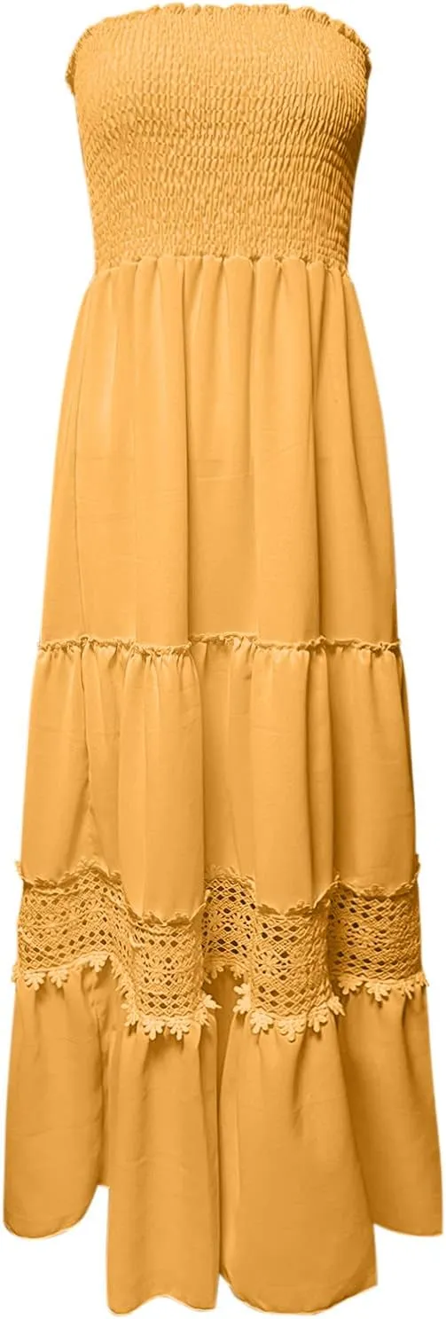 Party Dresses for Women Eyelet Strapless Lace Tiered Ruffle Smocked Ruched Dresses Evening Party Beach Vacation Clothes