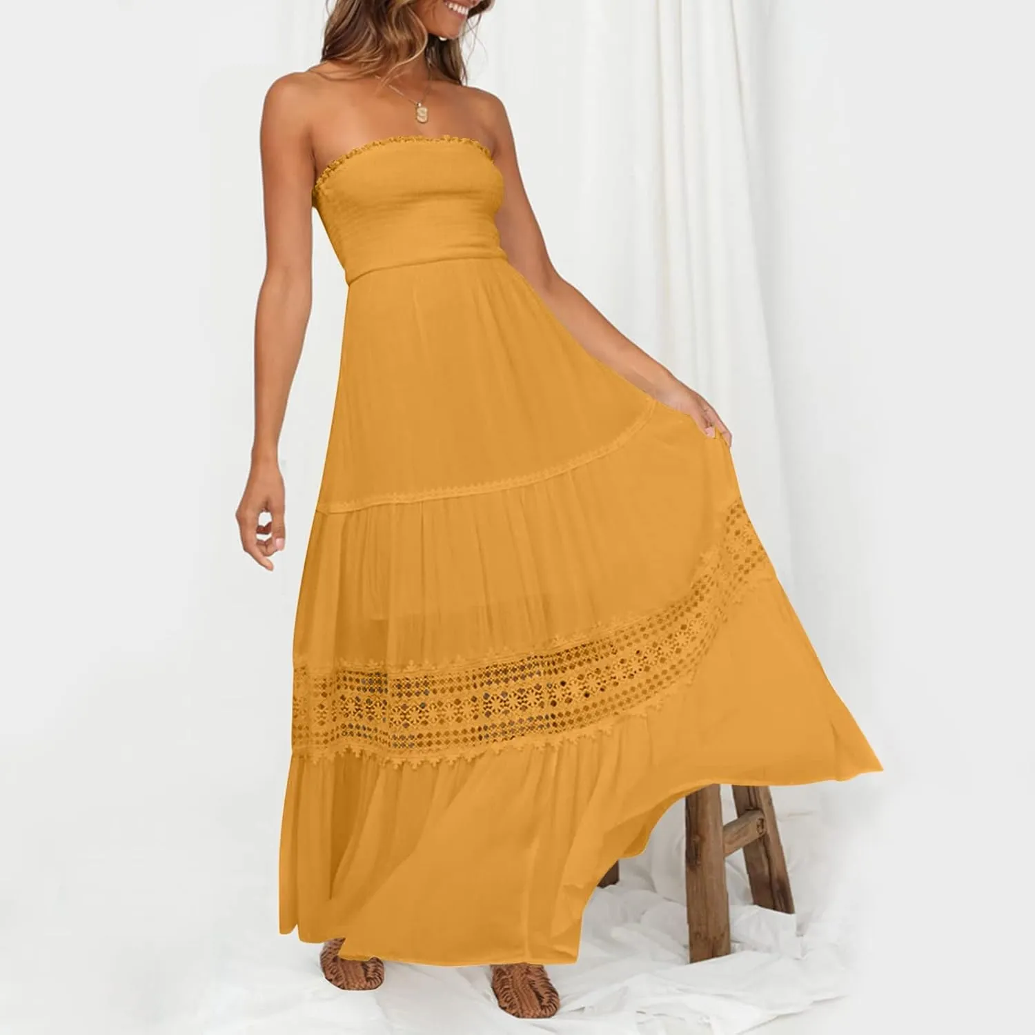 Party Dresses for Women Eyelet Strapless Lace Tiered Ruffle Smocked Ruched Dresses Evening Party Beach Vacation Clothes