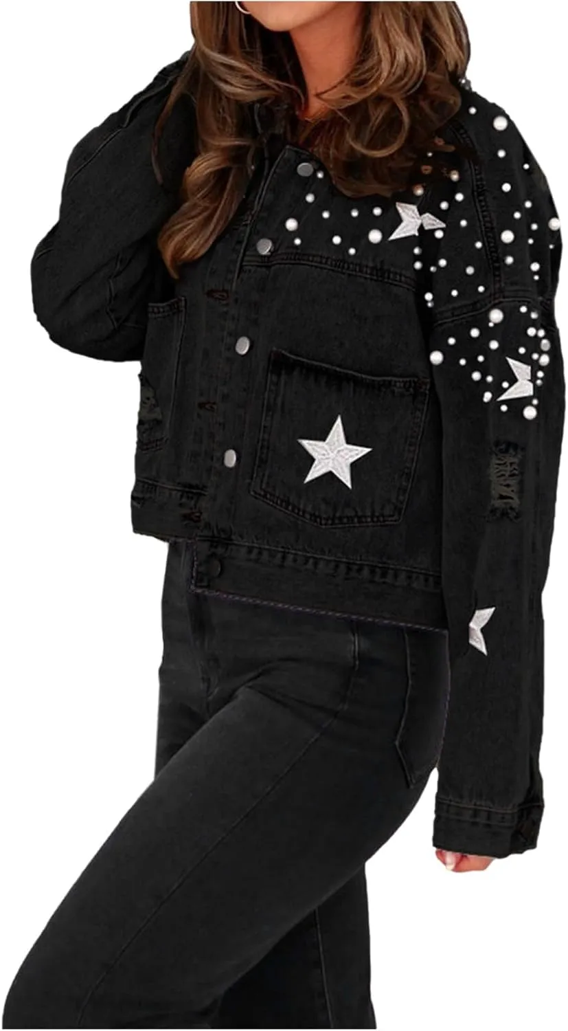 Pearls Denim Jacket for Woemn Long Sleeve Button Down Jean Jacket Basic Lapel Trucker Coat 2024 Fall Fashion Clothes