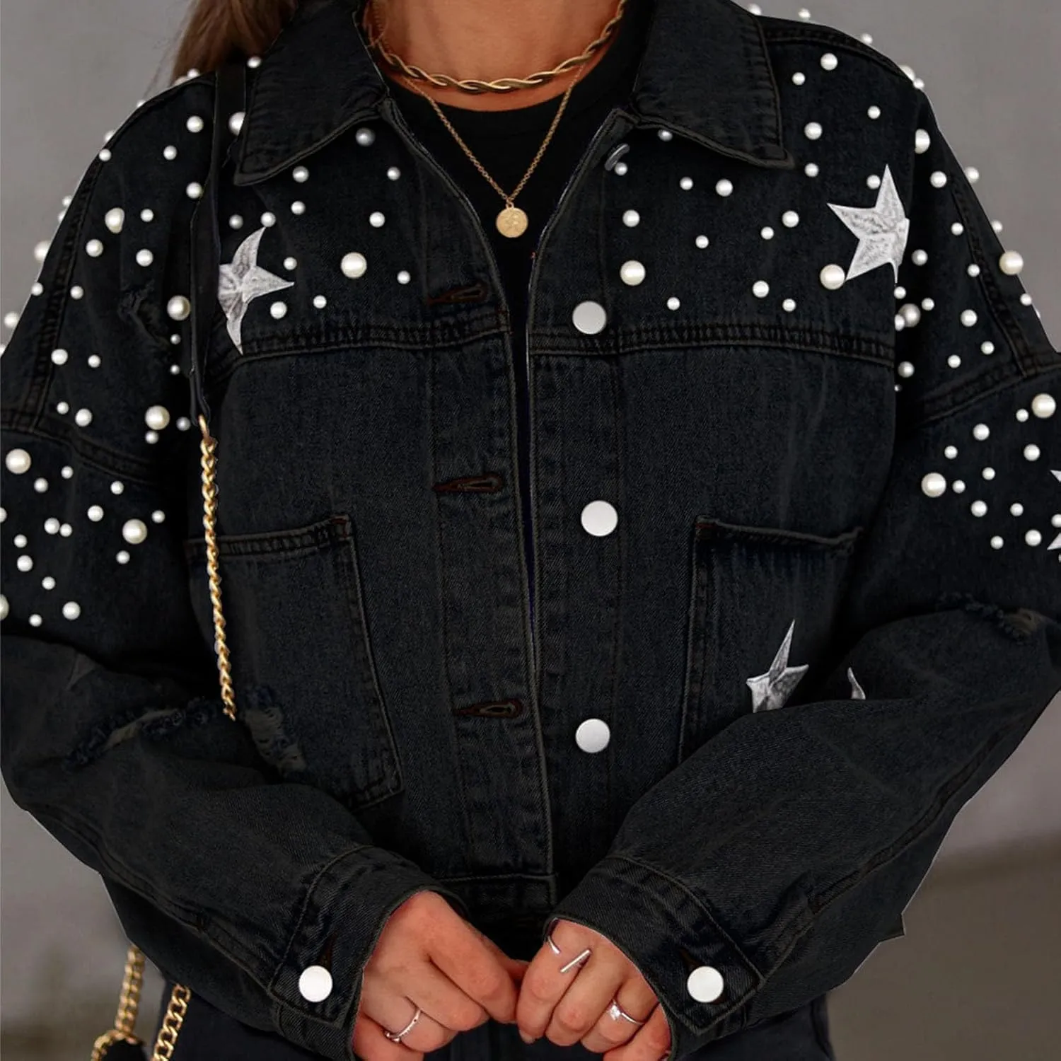 Pearls Denim Jacket for Woemn Long Sleeve Button Down Jean Jacket Basic Lapel Trucker Coat 2024 Fall Fashion Clothes