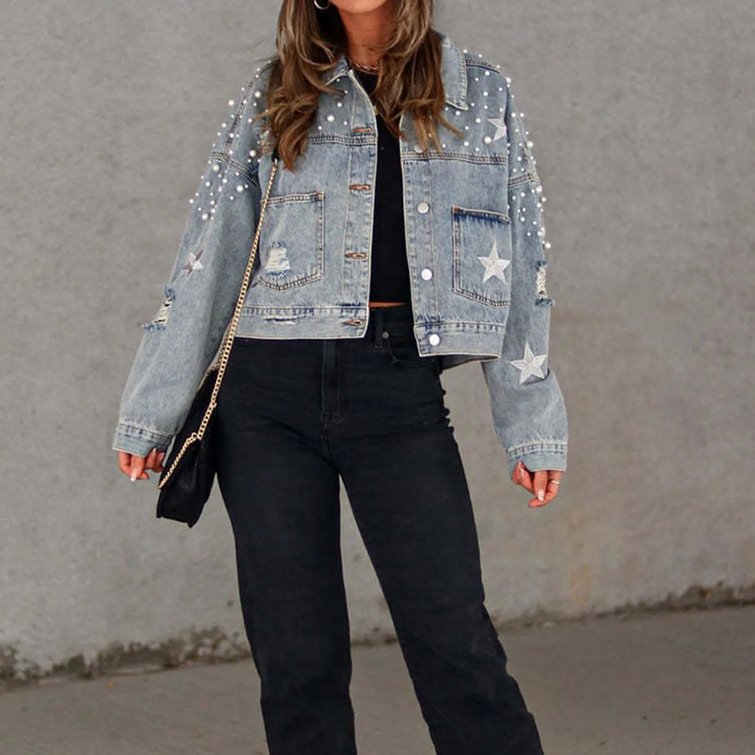 Pearls Denim Jacket for Woemn Long Sleeve Button Down Jean Jacket Basic Lapel Trucker Coat 2024 Fall Fashion Clothes