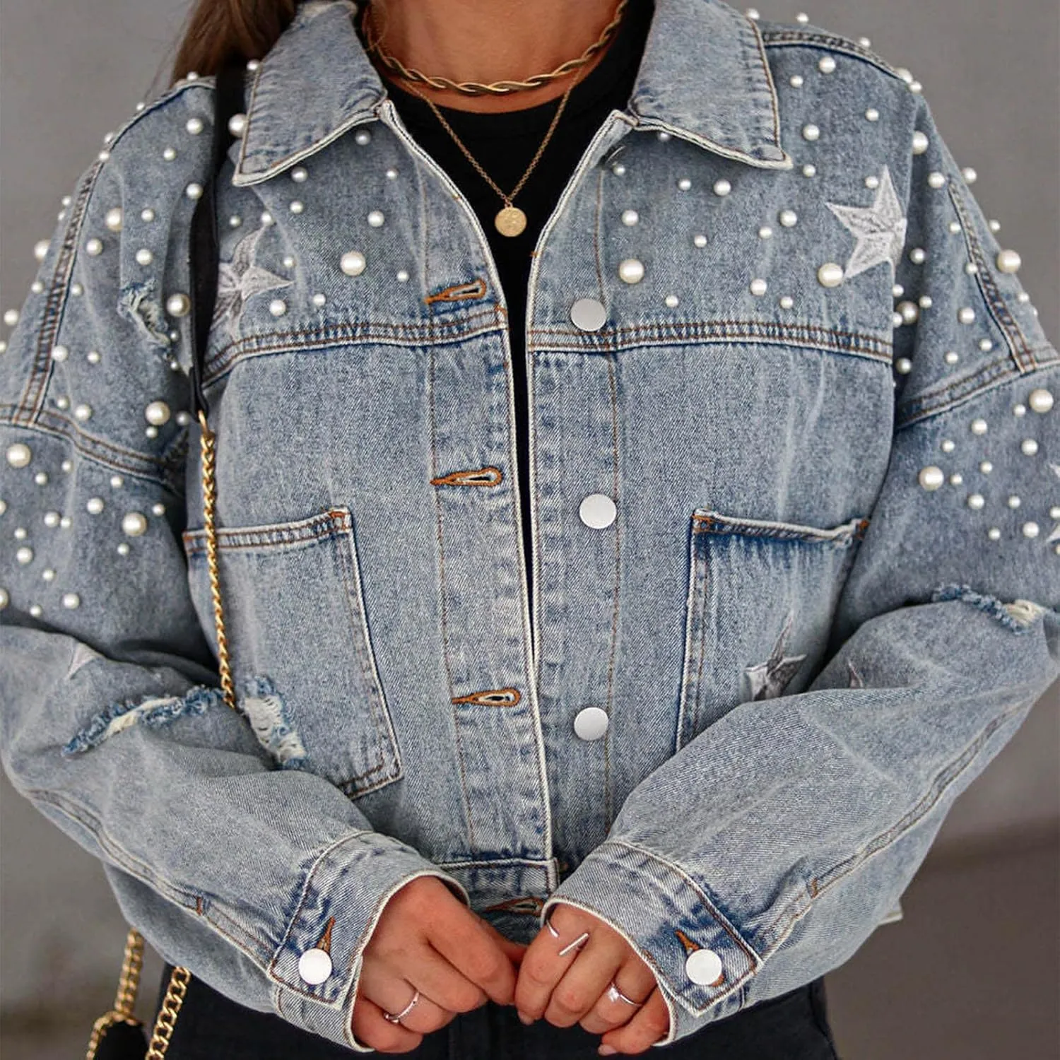 Pearls Denim Jacket for Woemn Long Sleeve Button Down Jean Jacket Basic Lapel Trucker Coat 2024 Fall Fashion Clothes