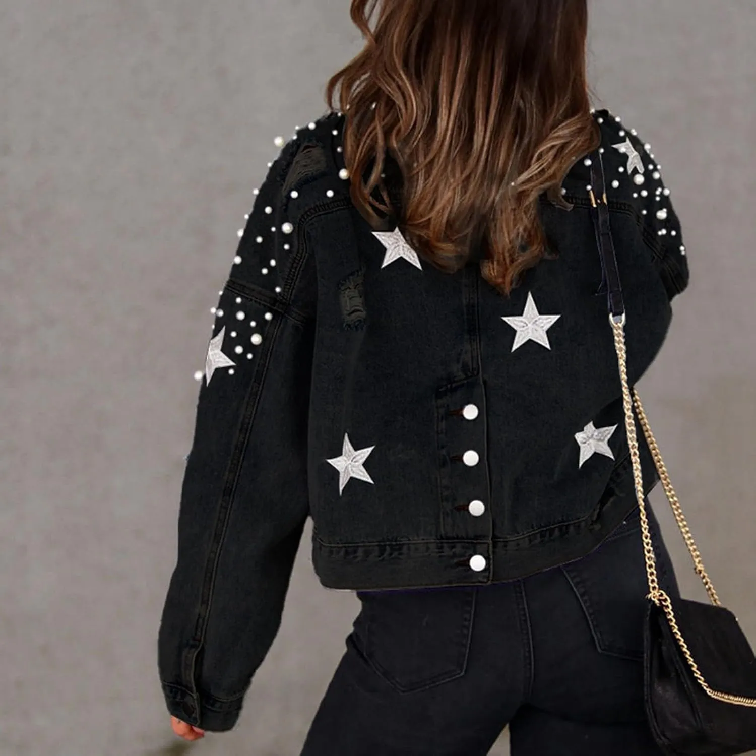 Pearls Denim Jacket for Woemn Long Sleeve Button Down Jean Jacket Basic Lapel Trucker Coat 2024 Fall Fashion Clothes