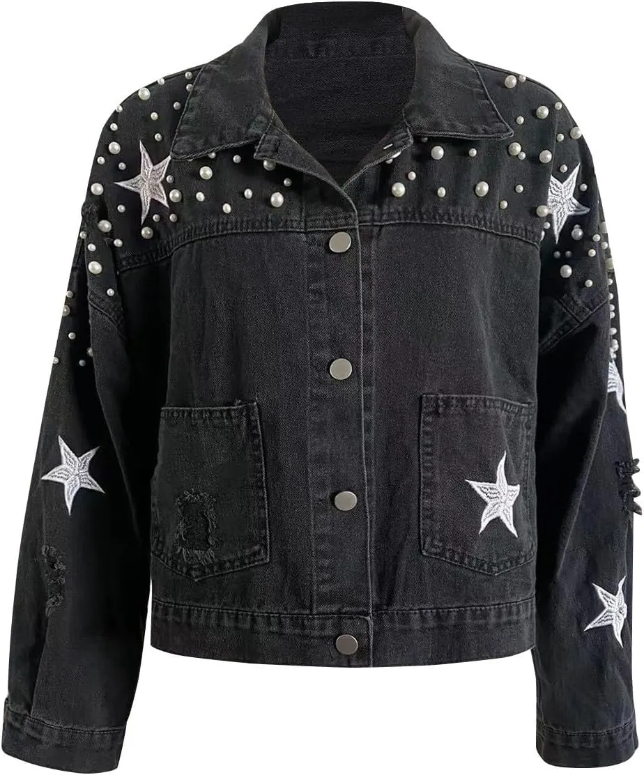Pearls Denim Jacket for Woemn Long Sleeve Button Down Jean Jacket Basic Lapel Trucker Coat 2024 Fall Fashion Clothes