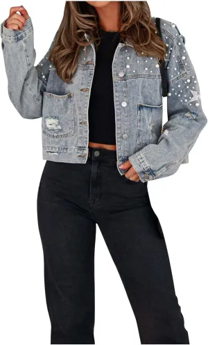Pearls Denim Jacket for Woemn Long Sleeve Button Down Jean Jacket Basic Lapel Trucker Coat 2024 Fall Fashion Clothes