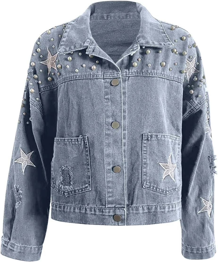 Pearls Denim Jacket for Woemn Long Sleeve Button Down Jean Jacket Basic Lapel Trucker Coat 2024 Fall Fashion Clothes