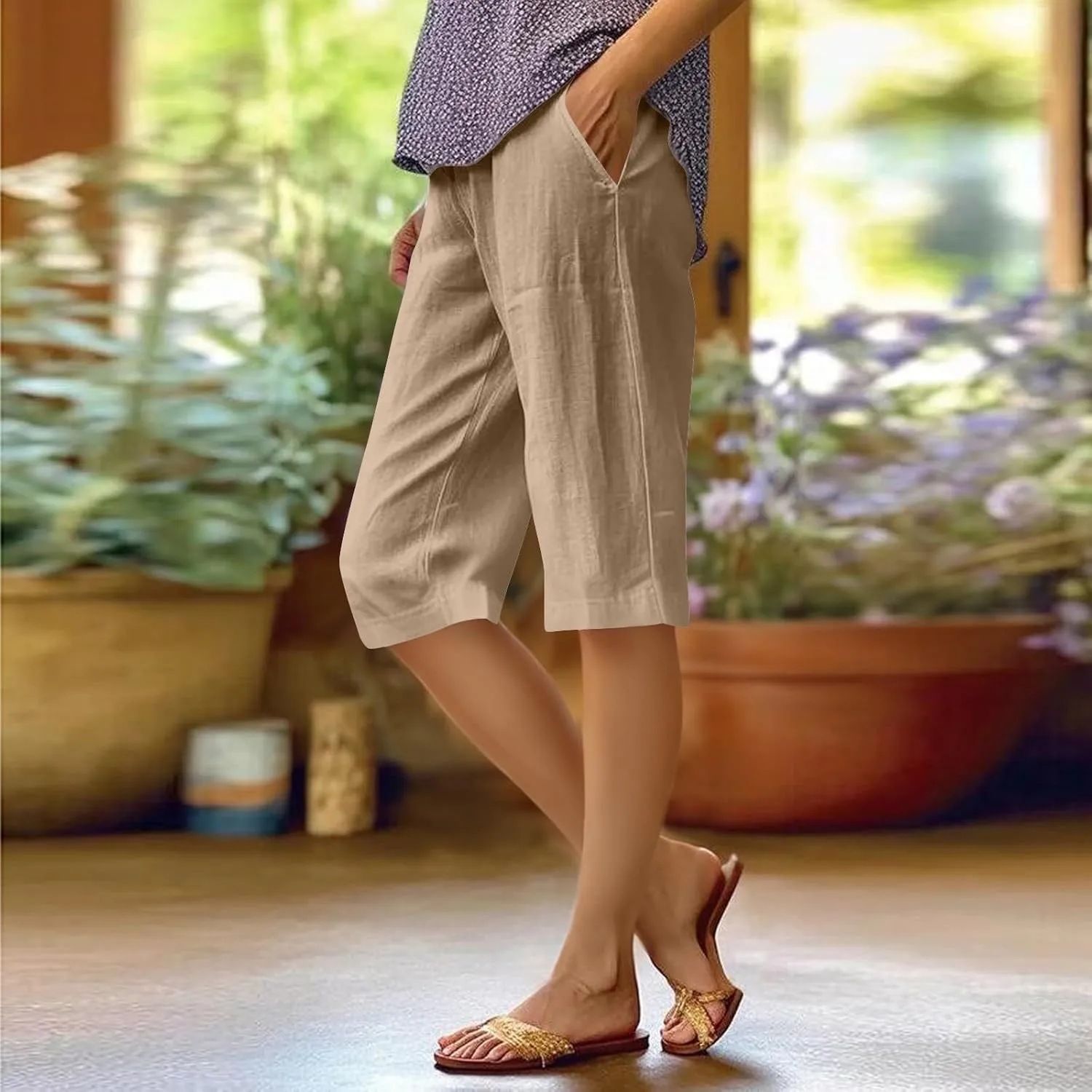 Pedal Pushers for Women Elastic High Waisted Bermuda Shorts Comfy Casual Summer Linen Wide Leg Shorts with Pockets