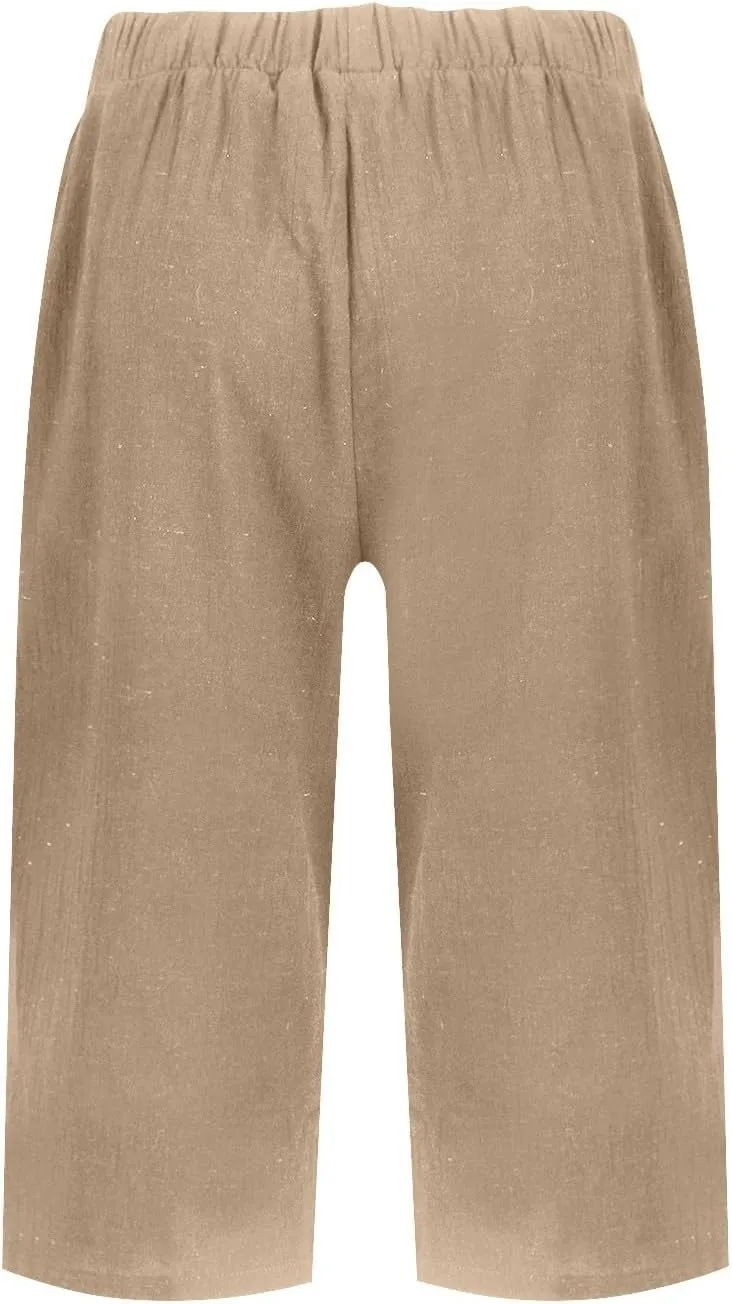 Pedal Pushers for Women Elastic High Waisted Bermuda Shorts Comfy Casual Summer Linen Wide Leg Shorts with Pockets