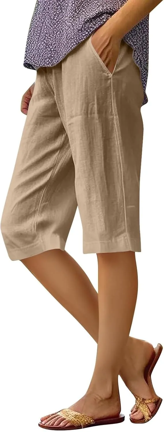 Pedal Pushers for Women Elastic High Waisted Bermuda Shorts Comfy Casual Summer Linen Wide Leg Shorts with Pockets