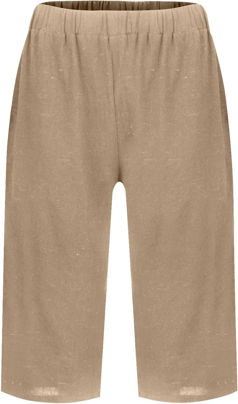 Pedal Pushers for Women Elastic High Waisted Bermuda Shorts Comfy Casual Summer Linen Wide Leg Shorts with Pockets