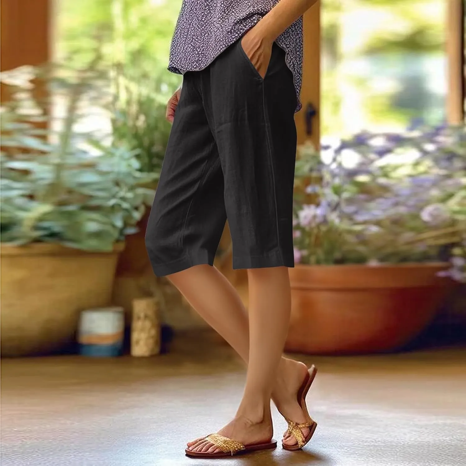 Pedal Pushers for Women Summer Casual Elastic High Waisted Wide Leg Linen Pants Baggy Bermuda Shorts with Pockets