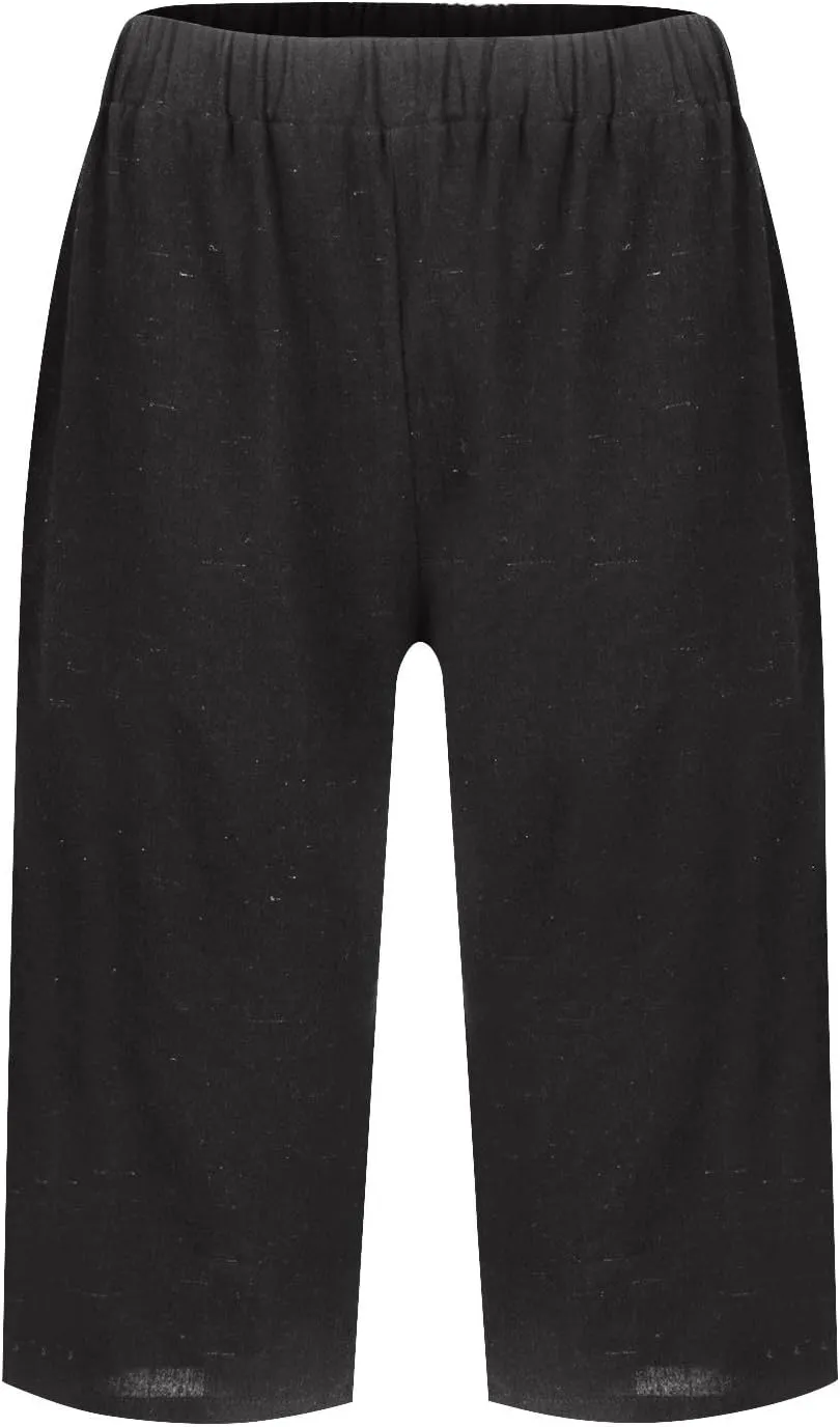Pedal Pushers for Women Summer Casual Elastic High Waisted Wide Leg Linen Pants Baggy Bermuda Shorts with Pockets