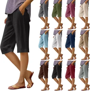 Pedal Pushers for Women Summer Casual Elastic High Waisted Wide Leg Linen Pants Baggy Bermuda Shorts with Pockets