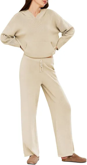 Pink Queen Women's 2 Piece Sweater Outfits Set Oversized Pullover Hoodie Wide Leg Pants Loose Knitted Sweatsuit
