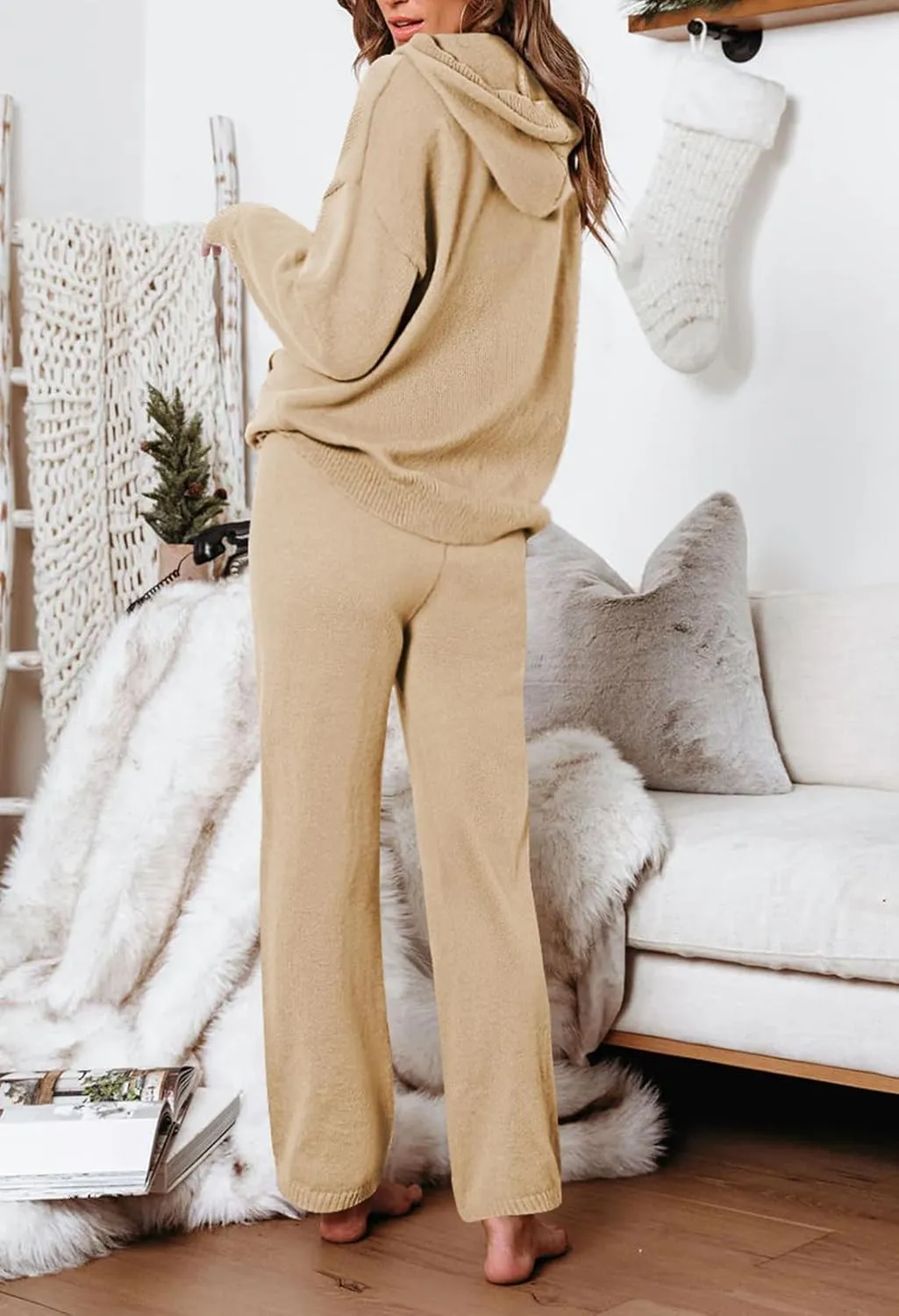 Pink Queen Women's 2 Piece Sweater Outfits Set Oversized Pullover Hoodie Wide Leg Pants Loose Knitted Sweatsuit