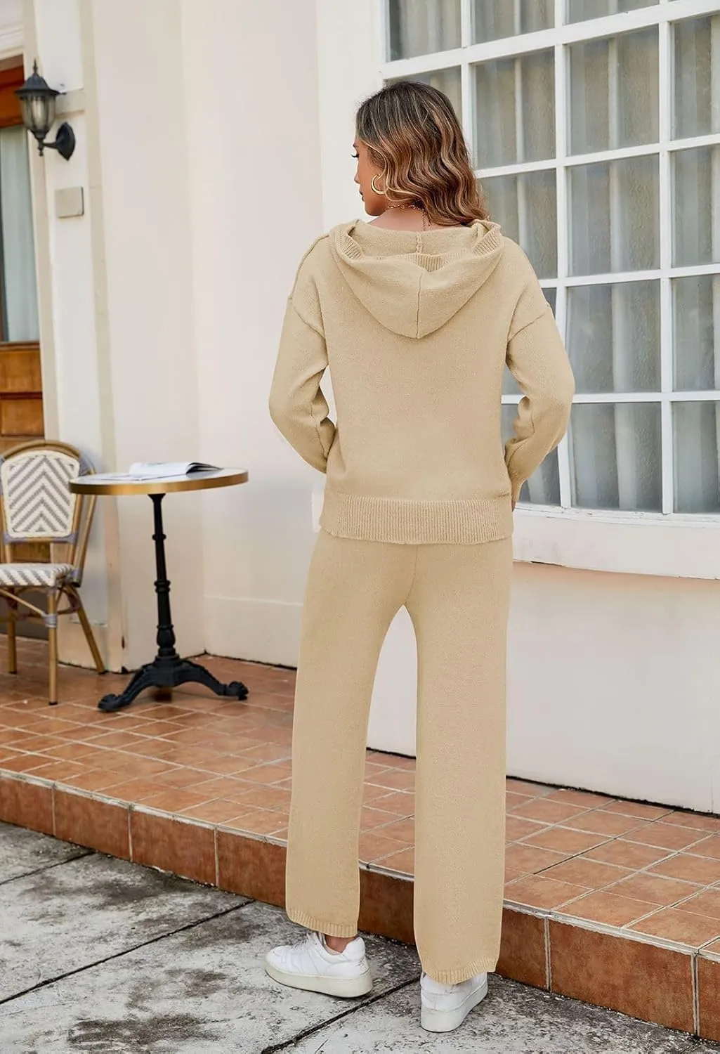 Pink Queen Women's 2 Piece Sweater Outfits Set Oversized Pullover Hoodie Wide Leg Pants Loose Knitted Sweatsuit