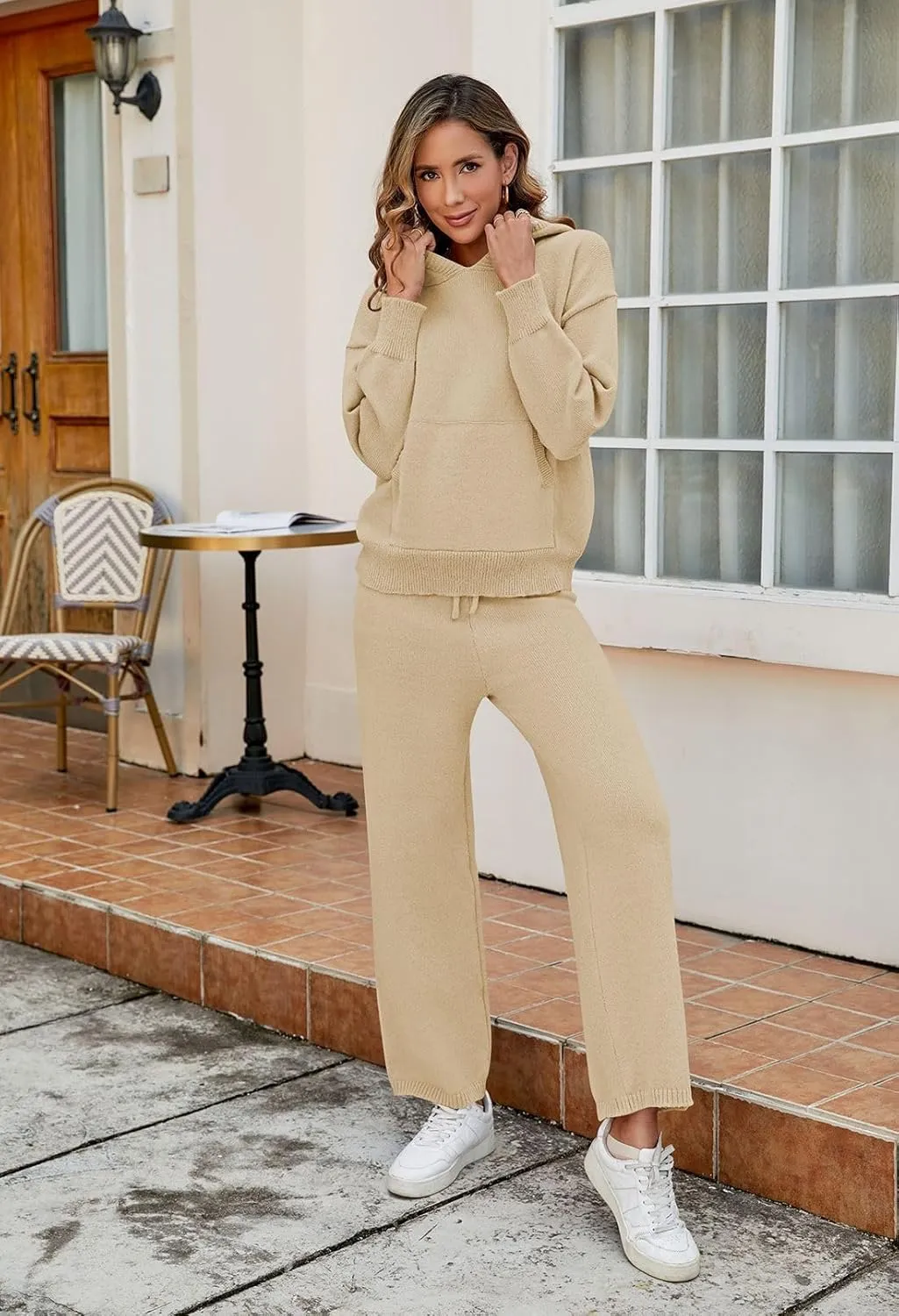 Pink Queen Women's 2 Piece Sweater Outfits Set Oversized Pullover Hoodie Wide Leg Pants Loose Knitted Sweatsuit