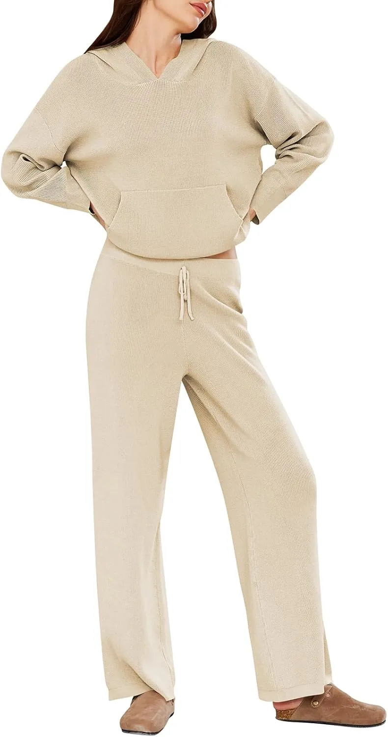 Pink Queen Women's 2 Piece Sweater Outfits Set Oversized Pullover Hoodie Wide Leg Pants Loose Knitted Sweatsuit