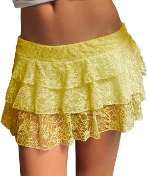 Pleated Skirt for Women Summer Casual Low Rise Lace Mesh Ruffle Hem A-Line Y2K Sexy Mini Skirts for Girls Streetwear