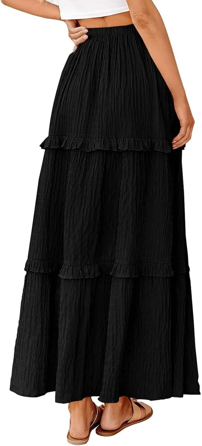 Pleated Skirts for Women Summer Boho Flowy Swing Ruffle Tiered A-Line Drawstring Elastic Waist Long Midi Skirt Dress