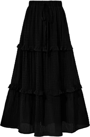 Pleated Skirts for Women Summer Boho Flowy Swing Ruffle Tiered A-Line Drawstring Elastic Waist Long Midi Skirt Dress