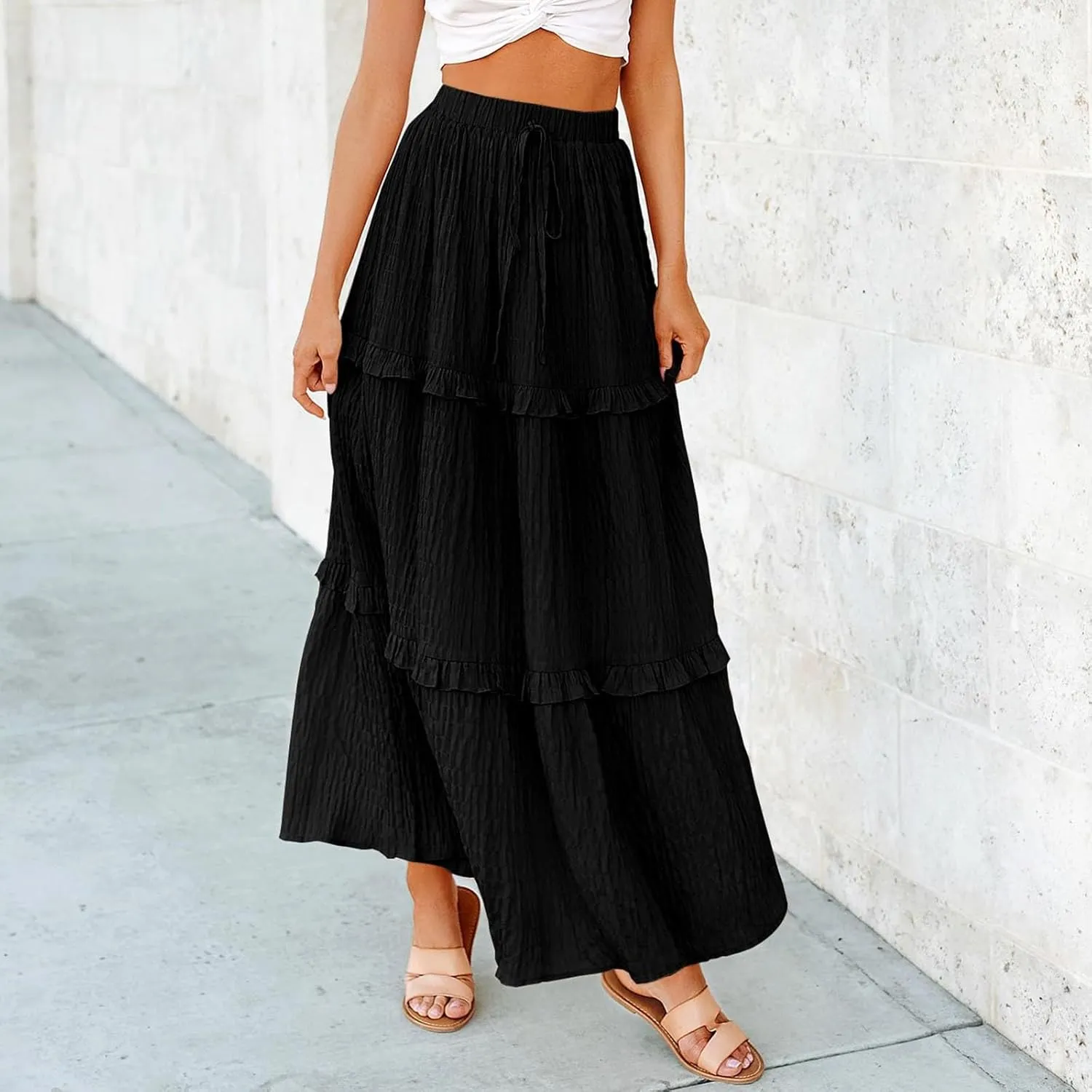 Pleated Skirts for Women Summer Boho Flowy Swing Ruffle Tiered A-Line Drawstring Elastic Waist Long Midi Skirt Dress