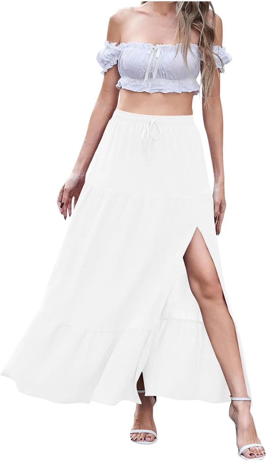 Plus Size Maxi Skirts for Women Summer Boho Flowy Tiered A-Line Skirt Casual Fashion Elastic Waist Pleated Dress