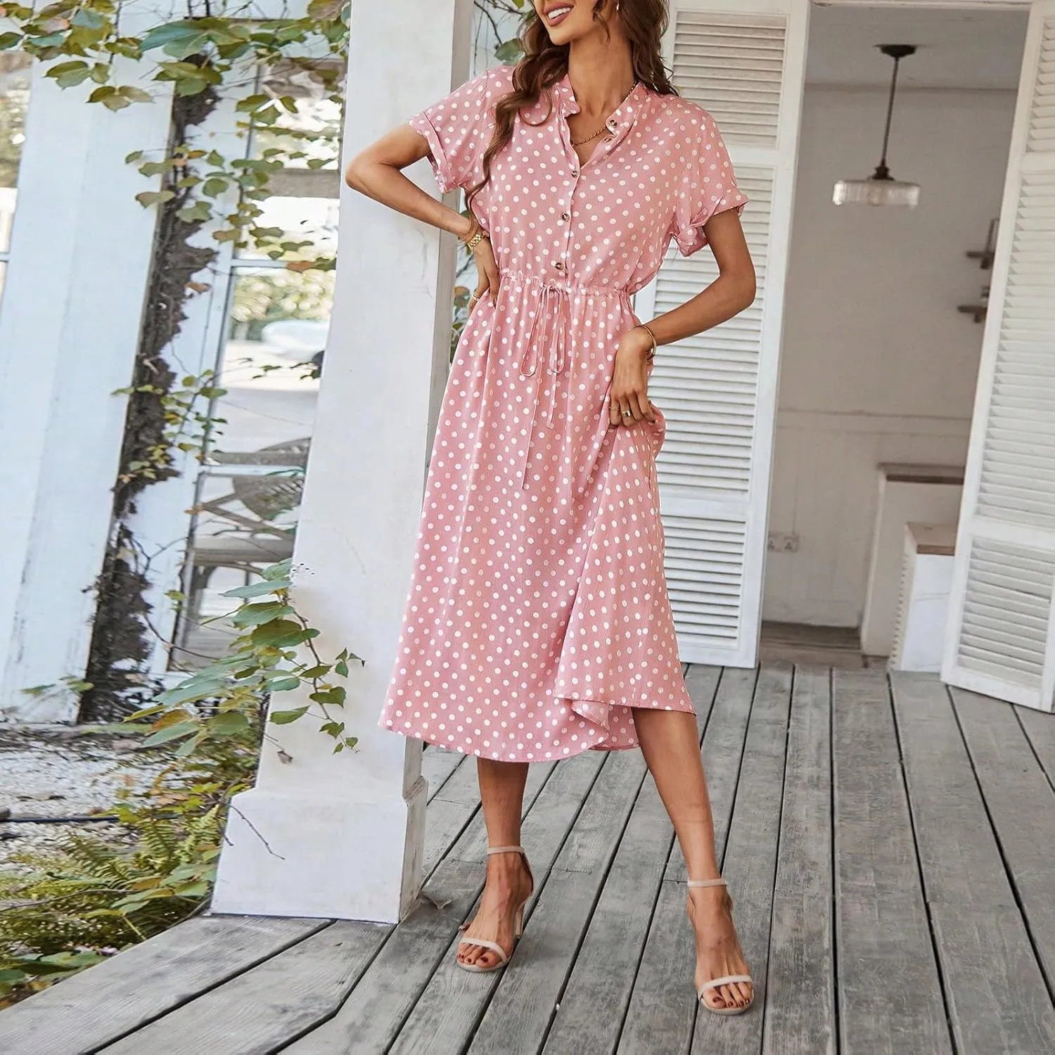 Polka Dot Dress for Women Midi Button Down Dress Short Sleeve V Neck Tie Empire Waist Wedding Guest Dresses Elegant Frocks