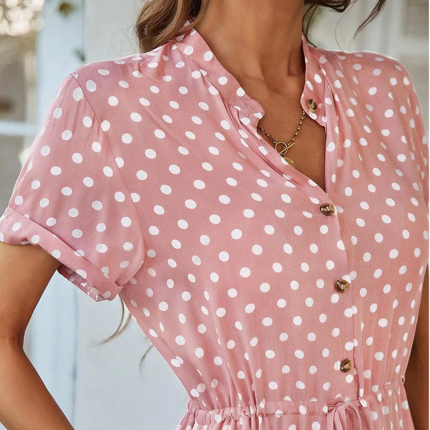 Polka Dot Dress for Women Midi Button Down Dress Short Sleeve V Neck Tie Empire Waist Wedding Guest Dresses Elegant Frocks
