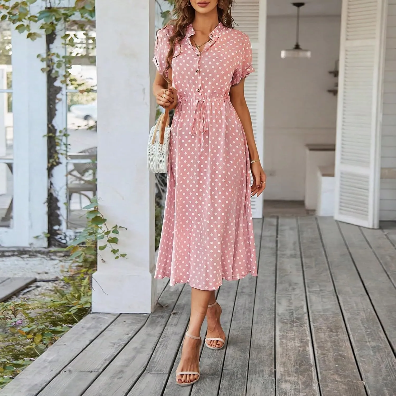Polka Dot Dress for Women Midi Button Down Dress Short Sleeve V Neck Tie Empire Waist Wedding Guest Dresses Elegant Frocks