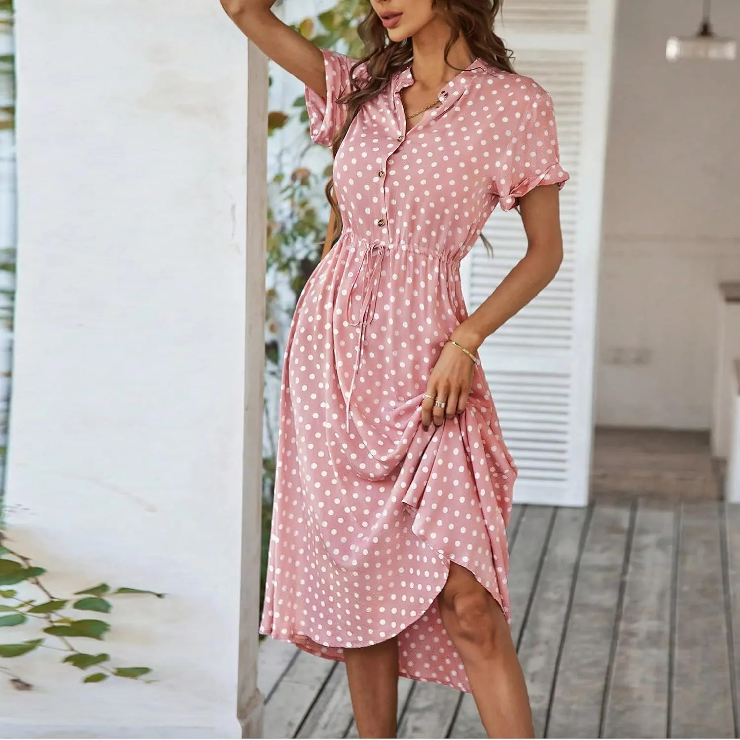 Polka Dot Dress for Women Midi Button Down Dress Short Sleeve V Neck Tie Empire Waist Wedding Guest Dresses Elegant Frocks